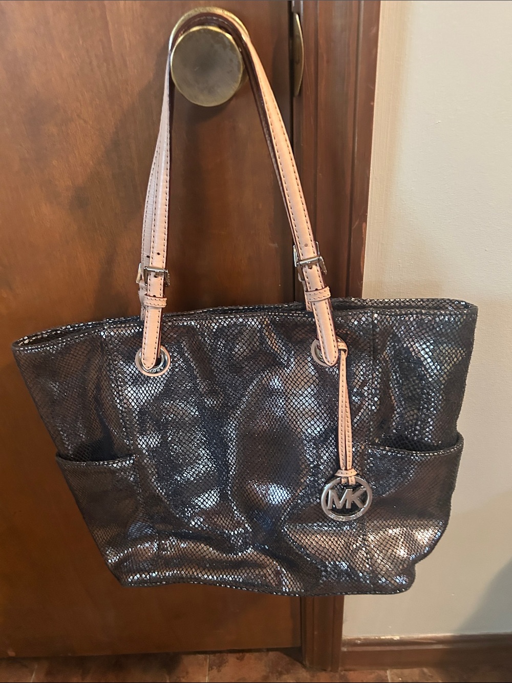 MICHAEL Michael Kors Black Shimmer Tote with Light Pink Handles